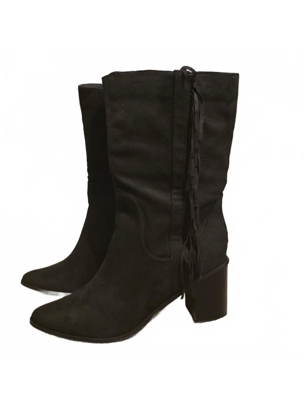 NWT - Wmn's 13W - CityChic Black Mid Calf Fringe Block Heel Boots